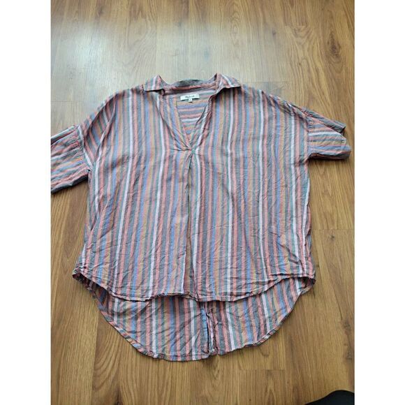 Madewell Women's V-Neck Multicolor Stipe Button-Back Courier Pullover Blouse Siz - Picture 1 of 10